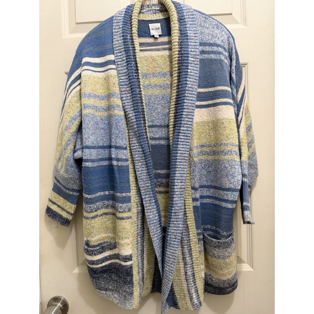 NIC+ZOE Womens Open Front Cardigan S Blue Green Santa Monica Space Dyed Striped